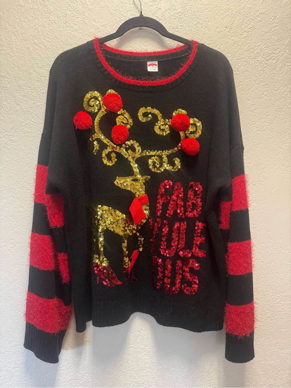 Fab Yule Ous Fun & Festive Black & Red Sequin Reindeer Ugly Christmas Sweater